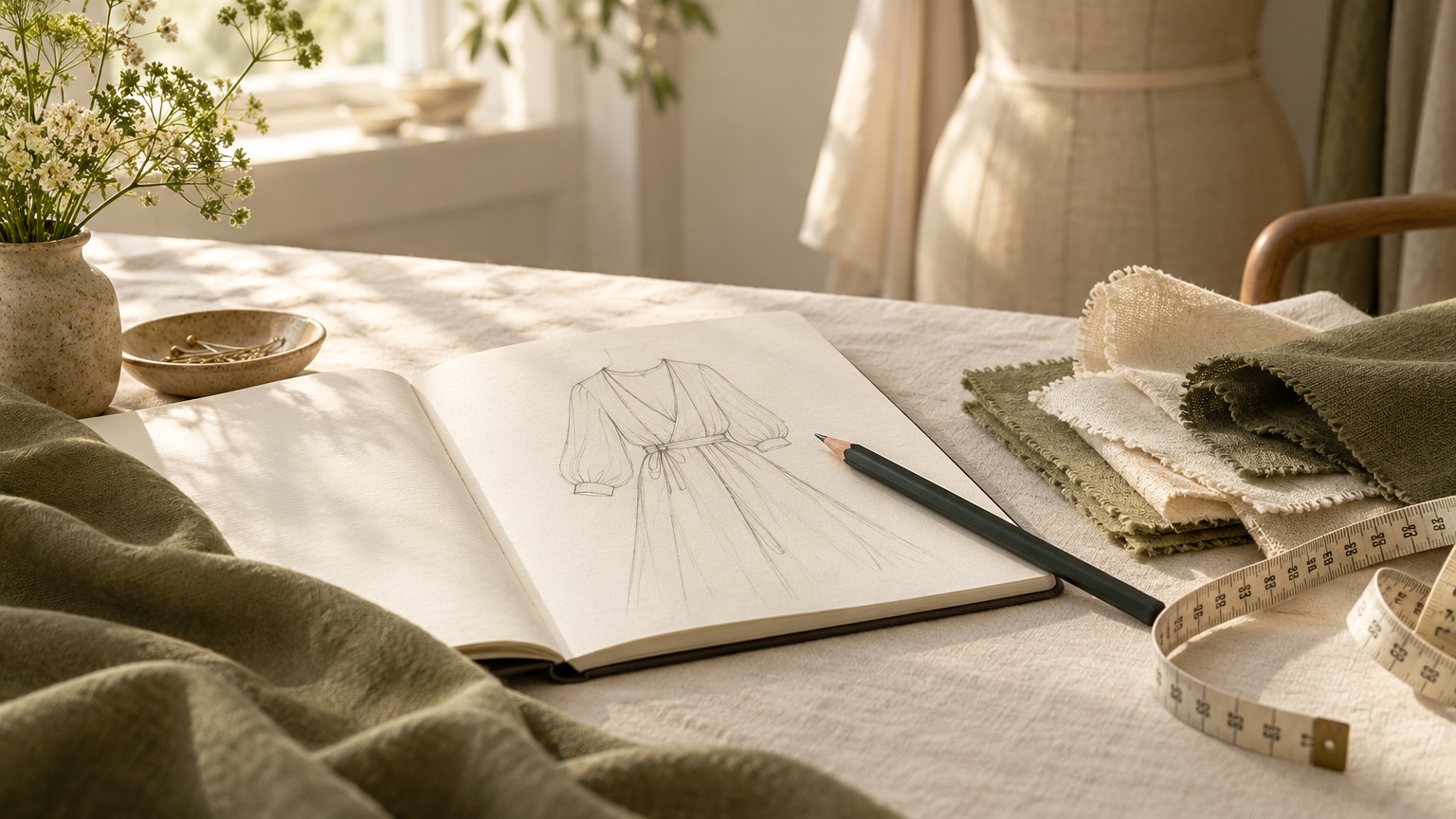 Garment sketch, pencil, fabric swatches and measuring tape on a sunlit studio worktable