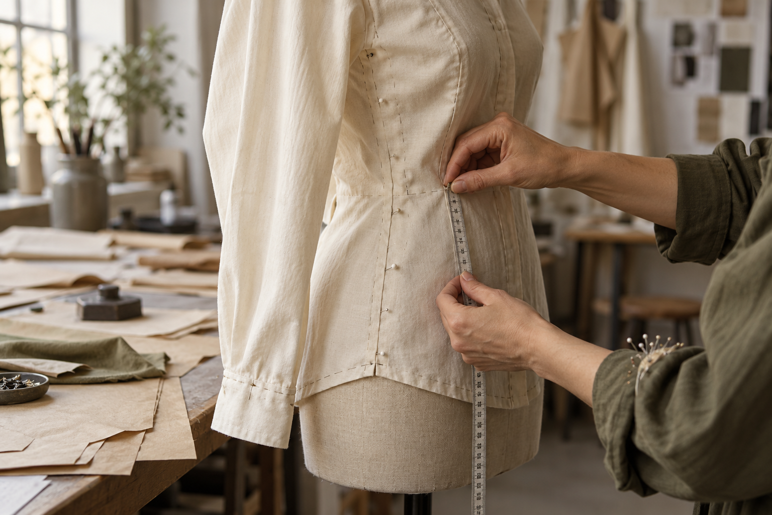 Garment technologist measuring a fitted garment on a dress form