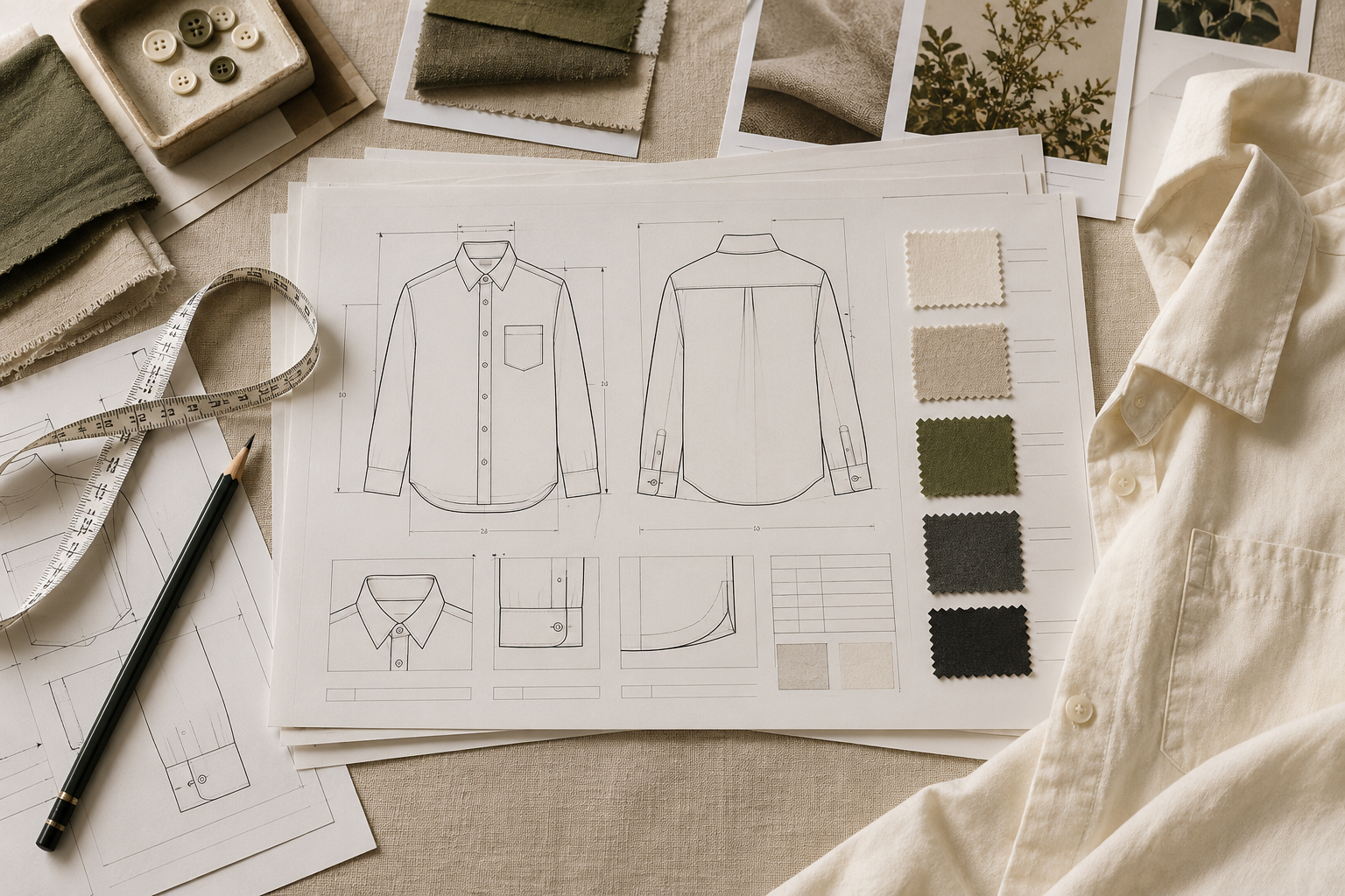 Technical garment drawings, fabric swatches and measuring tape arranged as a technical pack
